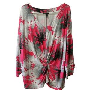 Tribal Plus Size 3X Tropical Tribal Print Twist Top | Doleman Sleeve Rayon